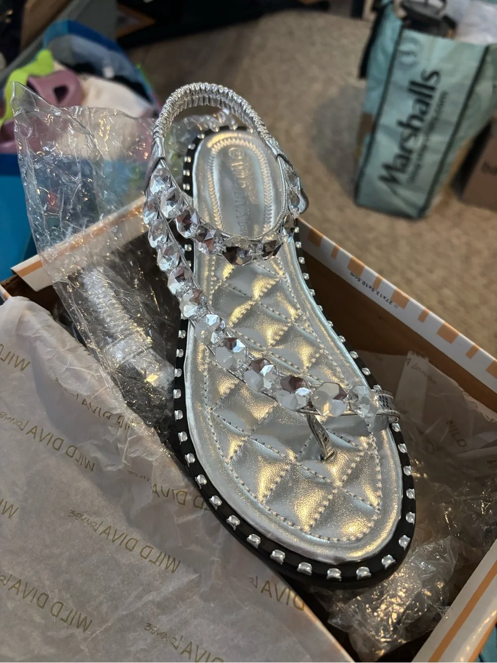 Crystal-Embellished Silver Double-Strap Sandals